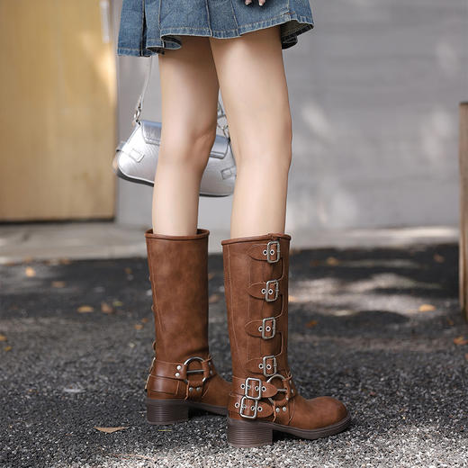 西遇西部牛仔靴机车靴女秋冬爆款美拉德棕色马丁靴粗跟长筒靴V0047800/D0033849 商品图2