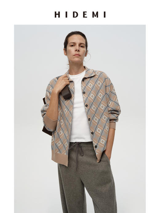 HIDEMI 进口澳洲美利奴羊毛经典几何手绘系列图形花纱拼色polo小翻领毛织外套 棕橘拼色/灰蓝拼色 商品图3