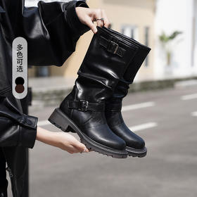 西遇复古骑士靴女新款秋冬英伦风马丁靴黑色长靴粗跟中筒靴子V0047802/V0034078