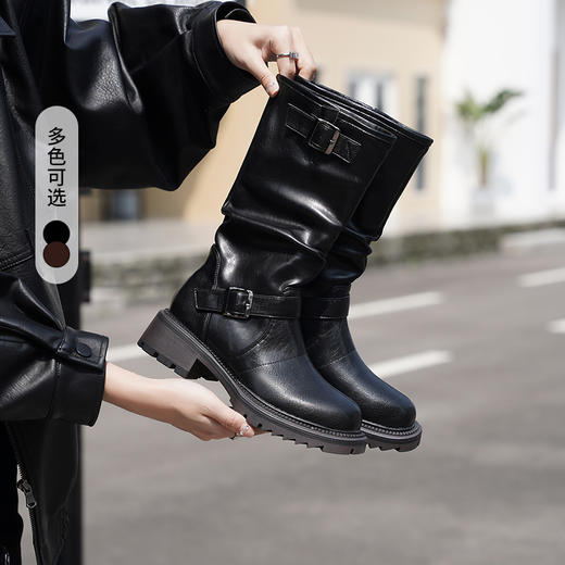 西遇复古骑士靴女新款秋冬英伦风马丁靴黑色长靴粗跟中筒靴子V0047802/V0034078 商品图0