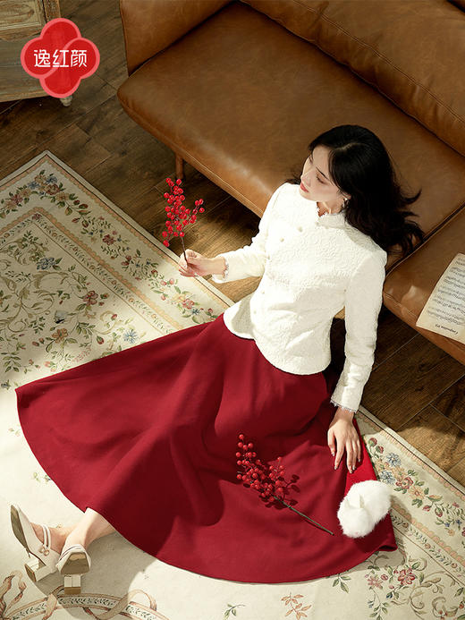 上海逸红颜芸婳2025秋冬新款毛呢新中式A摆后腰松紧百搭半身裙女 商品图1