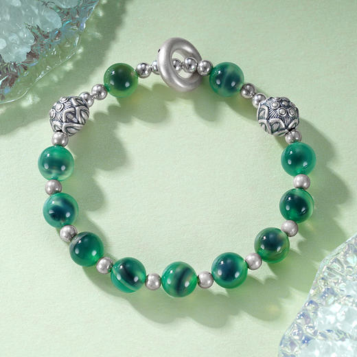 子佩集S999银【钟意莲】手串【SC000809】纯银糖心玛瑙绿色平安扣手链2409 商品图1