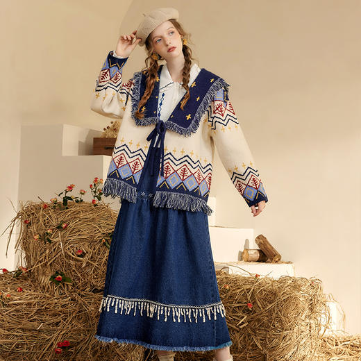 两三事塞北风絮流苏海军领绑带费尔岛毛衣外套女宽松 商品图1