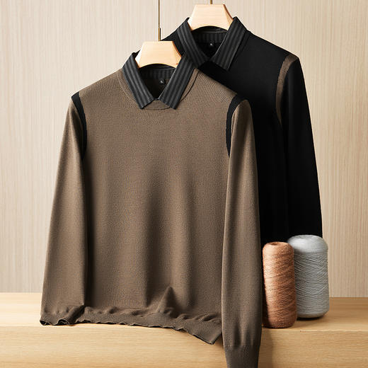 【假两件】【新款DPF】大依优型大码假两件长袖T恤衬衫领中厚毛衣针织衫加肥加大肥佬休闲商务宽松透气上衣打底 商品图1