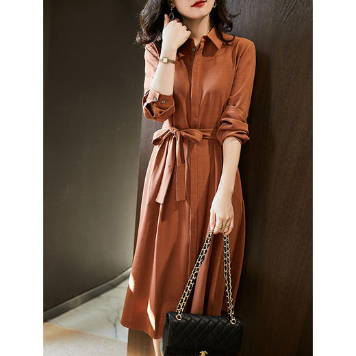 雀说 翻领长袖衬衫连衣裙女秋季新优雅大方气质橘色a字裙4ZF-1353 商品图3