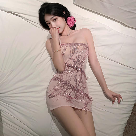 霏慕歌舞厅亮片流苏包臀裙6377情趣内衣性感透纱跳舞制服 舞厅魅影粉 均码 商品图9