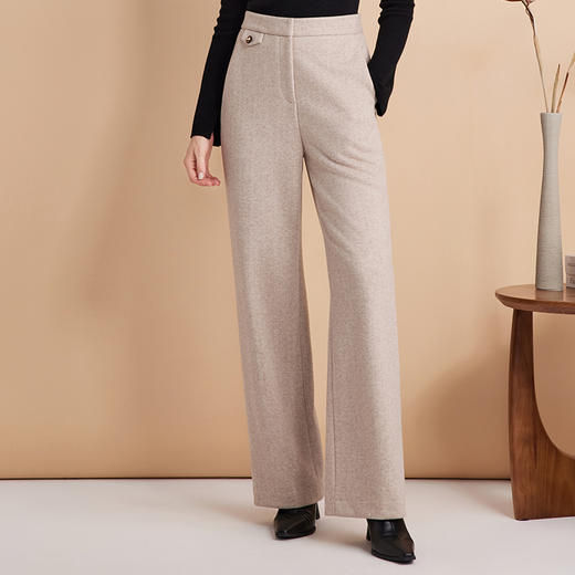 EITIE爱特爱时尚高腰显瘦百搭毛呢直筒燕麦色休闲裤冬季新款D2405411 商品图2