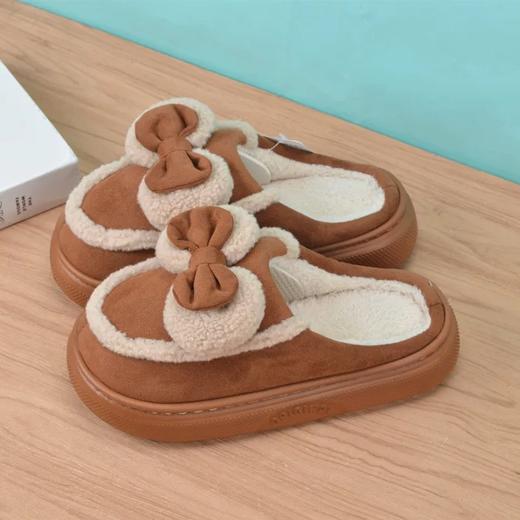 复古绒面蝴蝶结棉拖鞋女冬季厚底室内家居防滑加绒毛毛拖鞋【WG24107W】 商品图3