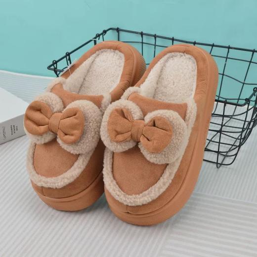 复古绒面蝴蝶结棉拖鞋女冬季厚底室内家居防滑加绒毛毛拖鞋【WG24107W】 商品图1