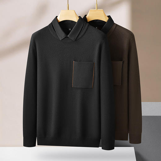 【假两件】【新款DPF】大依优型大码假两件长袖T恤毛衣衬衫领中厚款针织衫加肥加大肥佬休闲商务宽松透气上衣打底 商品图1