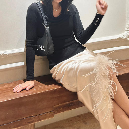 【顺丰包邮】12751 洛诗琳12751设计感鸵鸟毛高腰重磅醋酸缎面半身裙610 商品图2