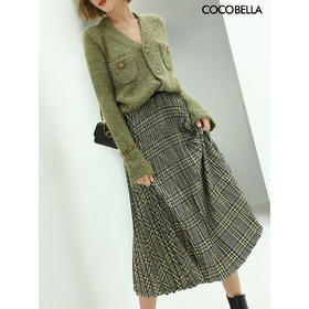 COCOBELLA重工压褶复古格纹迷笛裙女高腰A字半身裙长裙HS49