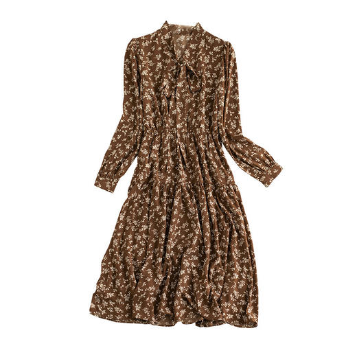 雀说 法式复古小碎花连衣裙女春秋v领收腰长款裙子4ZF-40232 商品图4