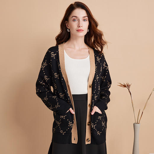 EITIE爱特爱秋季新款气质慵懒宽松显瘦印花舒适百搭针织开衫秋C2401402 商品图2