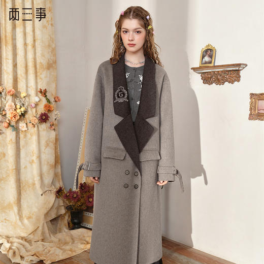 【暖冬内购】两三事王者归来2024冬季新款简约刺绣拼色西装翻领双面毛呢外套女 商品图0