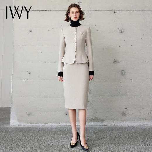IWY/圆领高级灰长袖西装套裙设计感高级气质干练小香风职业两件套CS2104 商品图1
