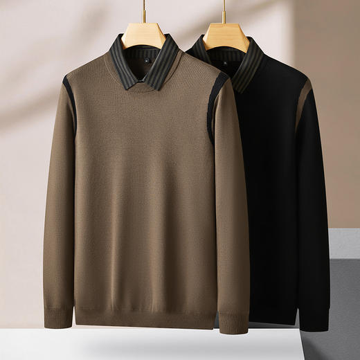 【假两件】【新款DPF】大依优型大码假两件长袖T恤衬衫领中厚毛衣针织衫加肥加大肥佬休闲商务宽松透气上衣打底 商品图0