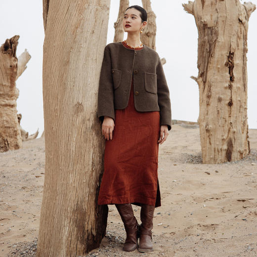 绽放旅行女装730朵/*亚麻圆领插肩袖直筒侧开衩显瘦长款连衣裙 商品图2