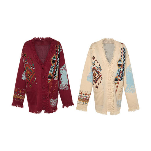 两三事 北岛环游2024冬新款复古流苏费尔岛提花毛衣外套女中长款 商品图4