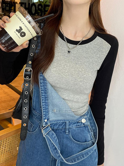 【时髦撞色Tee，甜酷范儿~穿搭精髓妥妥拿捏】美式复古拼色插肩袖长袖t恤 女生新款内搭打底衫 修身辣妹上衣-QQ 商品图5