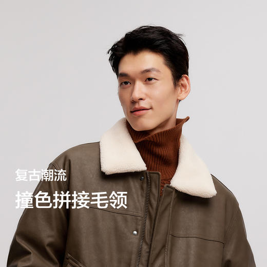 森马羽绒服男冬季新款复古仿皮衣薄款短夹克撞色拼接外套毛领 商品图2