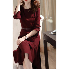 雀说 酒红色连衣裙秋冬鱼尾裙年轻气质打底平时可穿婚宴礼服4ZF-01094