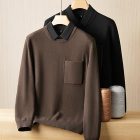 【假两件】【新款DPF】大依优型大码假两件长袖T恤毛衣衬衫领中厚款针织衫加肥加大肥佬休闲商务宽松透气上衣打底