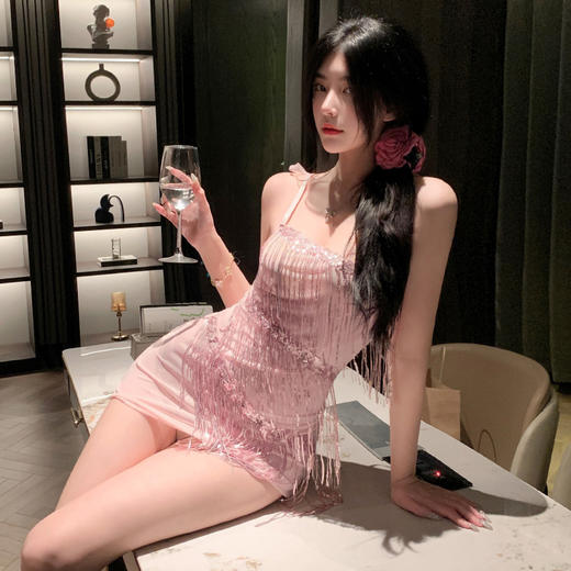 霏慕歌舞厅亮片流苏包臀裙6377情趣内衣性感透纱跳舞制服 舞厅魅影粉 均码 商品图5