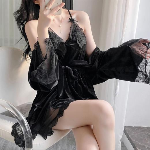 【YW】无忧购秋冬ins风纯欲性感蕾丝金丝绒吊带睡裙+睡袍家居服套装095/096(截单后7天发货)25年清仓捡漏 商品图9