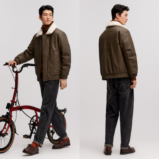 森马羽绒服男冬季新款复古仿皮衣薄款短夹克撞色拼接外套毛领 商品图3