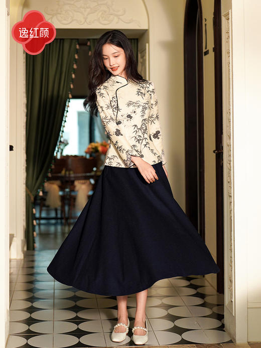 上海逸红颜芸婳2025秋冬新款毛呢新中式A摆后腰松紧百搭半身裙女 商品图0