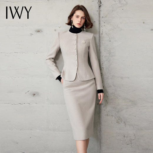 IWY/圆领高级灰长袖西装套裙设计感高级气质干练小香风职业两件套CS2104 商品图2
