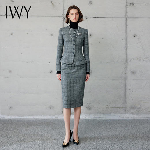 IWY/灰色格纹长袖西装套裙气质小香风时尚通勤干练两件套职业裙CS2101 商品图1