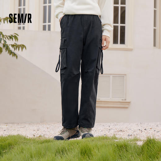 森马休闲裤男冬季潮流工装风抽绳宽松直筒长裤松紧腰裤子时尚百搭 商品图1