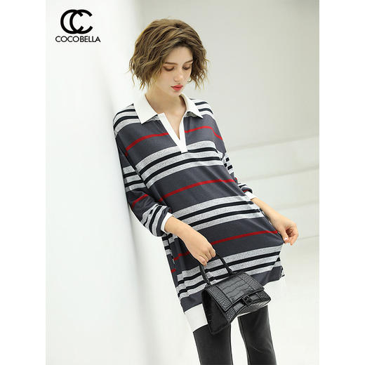 COCOBELLA撞色条纹POLO领针织连衣裙宽松长袖T恤裙FR11 商品图1