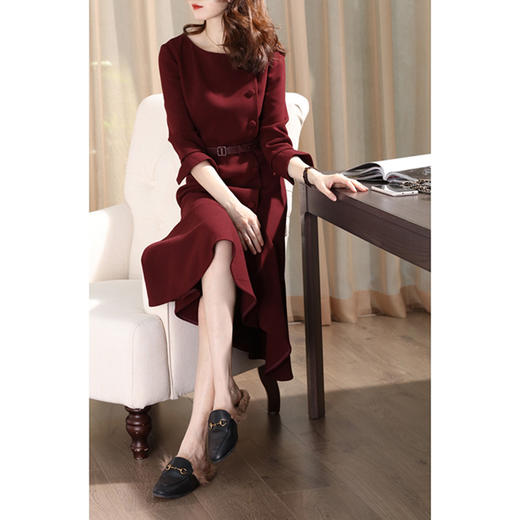 雀说 酒红色连衣裙秋冬鱼尾裙年轻气质打底平时可穿婚宴礼服4ZF-01094 商品图1
