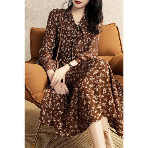 雀说 法式复古小碎花连衣裙女春秋v领收腰长款裙子4ZF-40232 商品图1