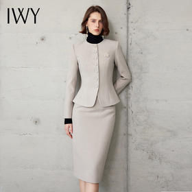 IWY/圆领高级灰长袖西装套裙设计感高级气质干练小香风职业两件套CS2104