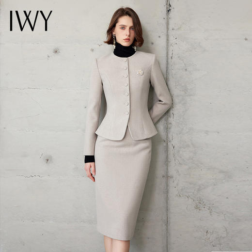 IWY/圆领高级灰长袖西装套裙设计感高级气质干练小香风职业两件套CS2104 商品图0