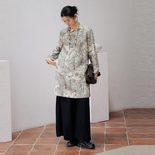 绽放旅行女装718朵/亚麻棉水墨设计感提花叠穿短款印花长袖连衣裙 商品图2