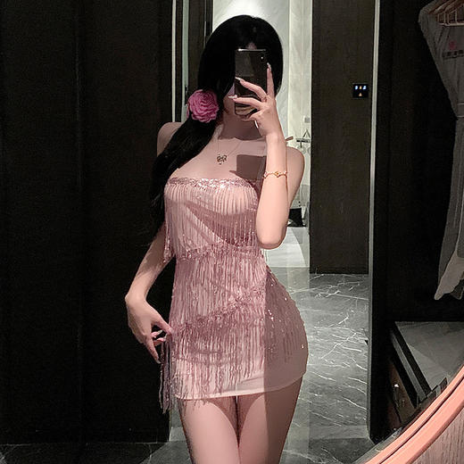 霏慕歌舞厅亮片流苏包臀裙6377情趣内衣性感透纱跳舞制服 舞厅魅影粉 均码 商品图2
