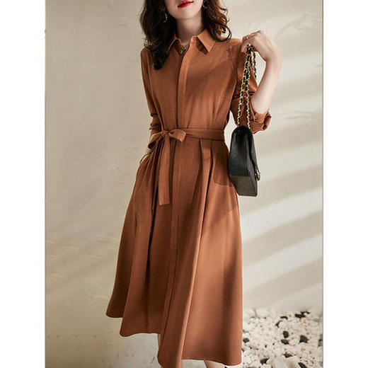 雀说 翻领长袖衬衫连衣裙女秋季新优雅大方气质橘色a字裙4ZF-1353 商品图1