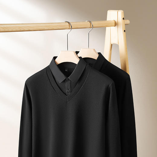 【假两件】【新款DPF】大依优型大码假两件长袖T恤衬衫领加肥加大肥佬休闲商务宽松透气上衣打底 商品图2