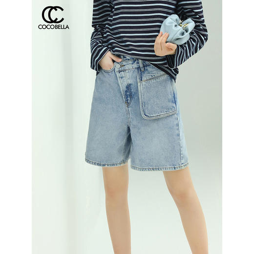 COCOBELLA解构高腰遮胯水洗牛仔蓝短裤女夏季宽松休闲五分裤DN15 商品图0