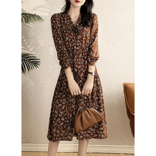 雀说 法式复古小碎花连衣裙女春秋v领收腰长款裙子4ZF-40232 商品图3