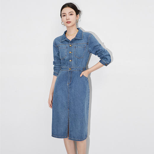 【高货wl】全新升级【铂金会员358/天猫479/差价121】(95917) 洛诗琳秋季式休闲复古减龄感通勤牛仔收腰开叉翻领连衣裙 商品图0