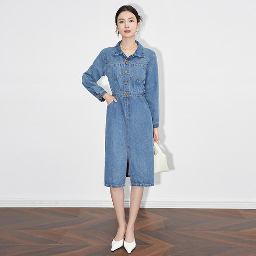 【高货wl】全新升级【铂金会员358/天猫479/差价121】(95917) 洛诗琳秋季式休闲复古减龄感通勤牛仔收腰开叉翻领连衣裙 商品图3