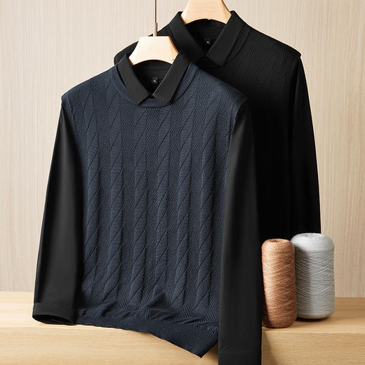 【假两件】【新款DPF】大依优型大码假两件长袖T恤衬衫领加肥加大肥佬休闲商务宽松透气上衣打底 商品图0