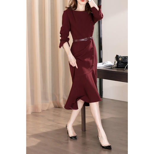 雀说 酒红色连衣裙秋冬鱼尾裙年轻气质打底平时可穿婚宴礼服4ZF-01094 商品图2