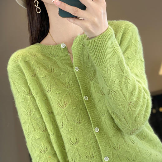 雀说 春秋季纯羊毛衫女薄款镂空针织开衫针织圆领长袖毛衣外套4ZF-073 商品图2
